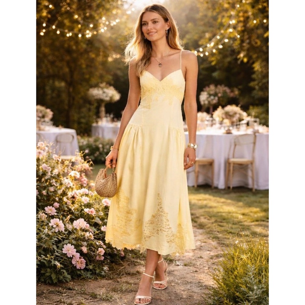 Topshop Yellow Lace Insert Cotton Poplin Midi Dress US 10 UK 14 Summer Wedding
